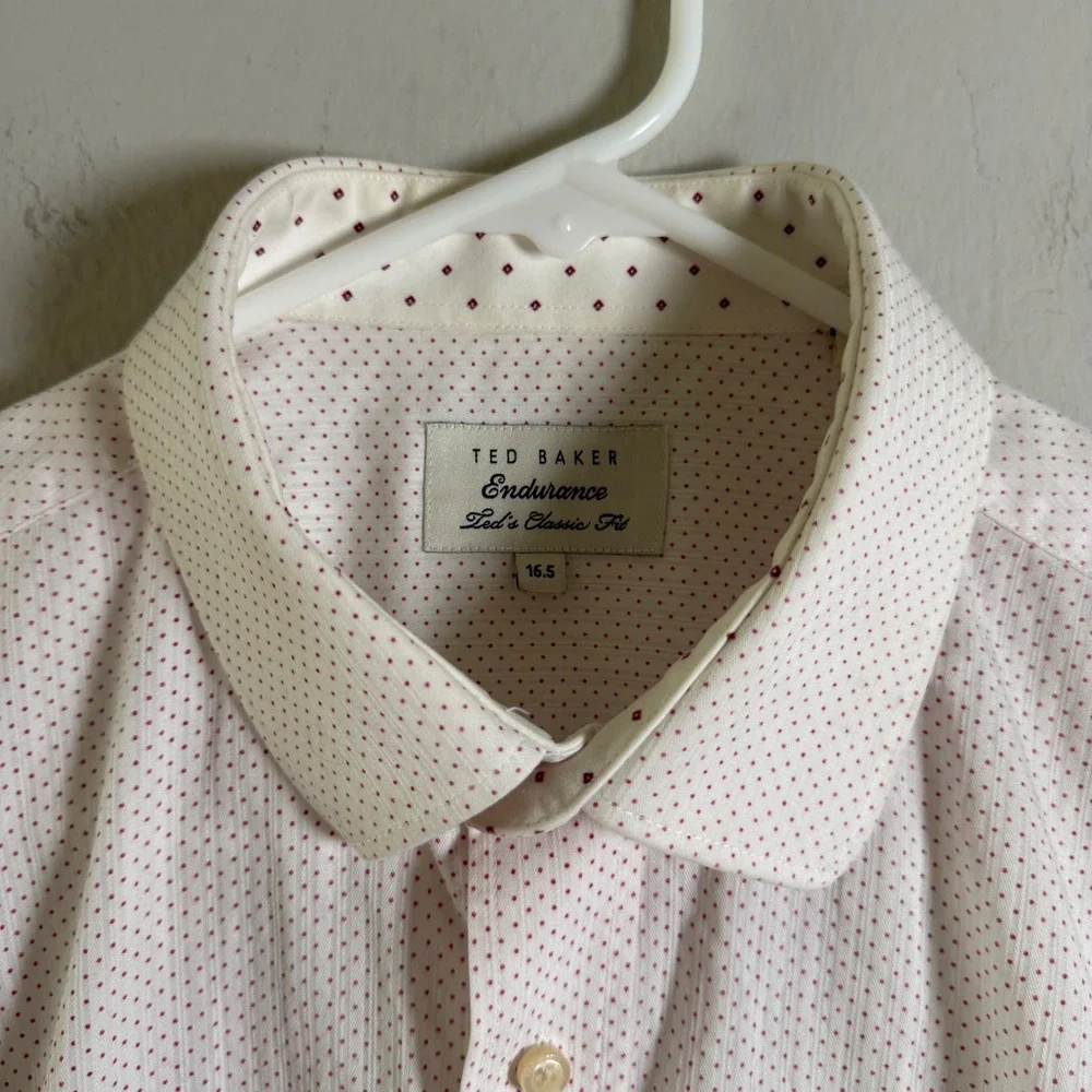 Ted Baker Endurance Mens 16.5 Classic Fit White Red Micro Dot Cotton Dress Shirt